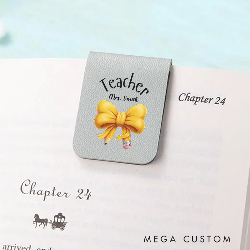 Personalized Teacher Leather Magnetic Bookmark Yellow Bow and Pencil Design Thoughtful Stylish Gift for Teachers