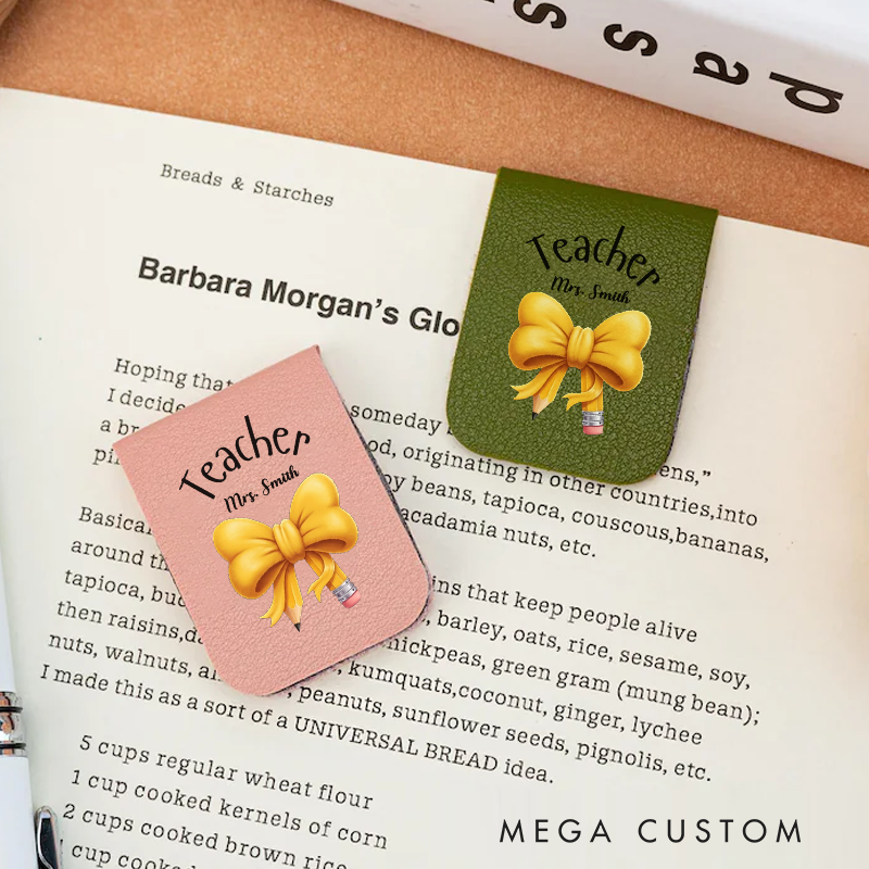 Personalized Teacher Leather Magnetic Bookmark Yellow Bow and Pencil Design Thoughtful Stylish Gift for Teachers