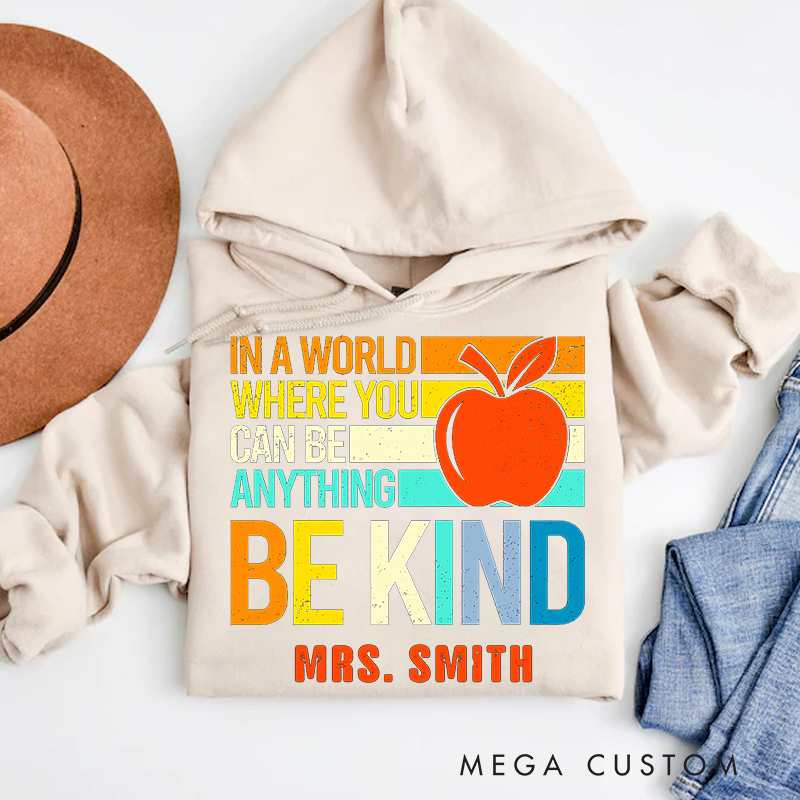 Personalized Be Kind Teacher Hoodies Inspirational Text with Colorful Apple Design Perfect for Teachers