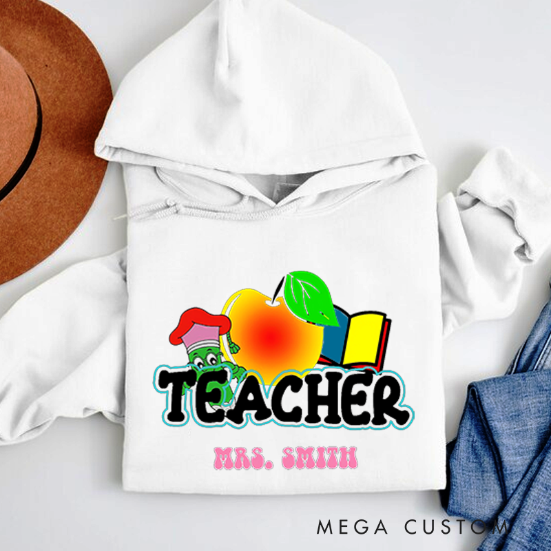 Personalized Teacher Hoodies Fun Apple and Book Design with Cute Worm Perfect Gift for Teachers