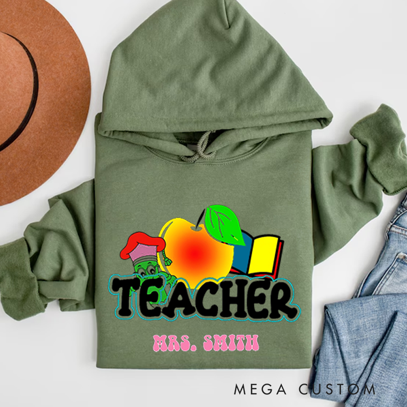 Personalized Teacher Hoodies Fun Apple and Book Design with Cute Worm Perfect Gift for Teachers