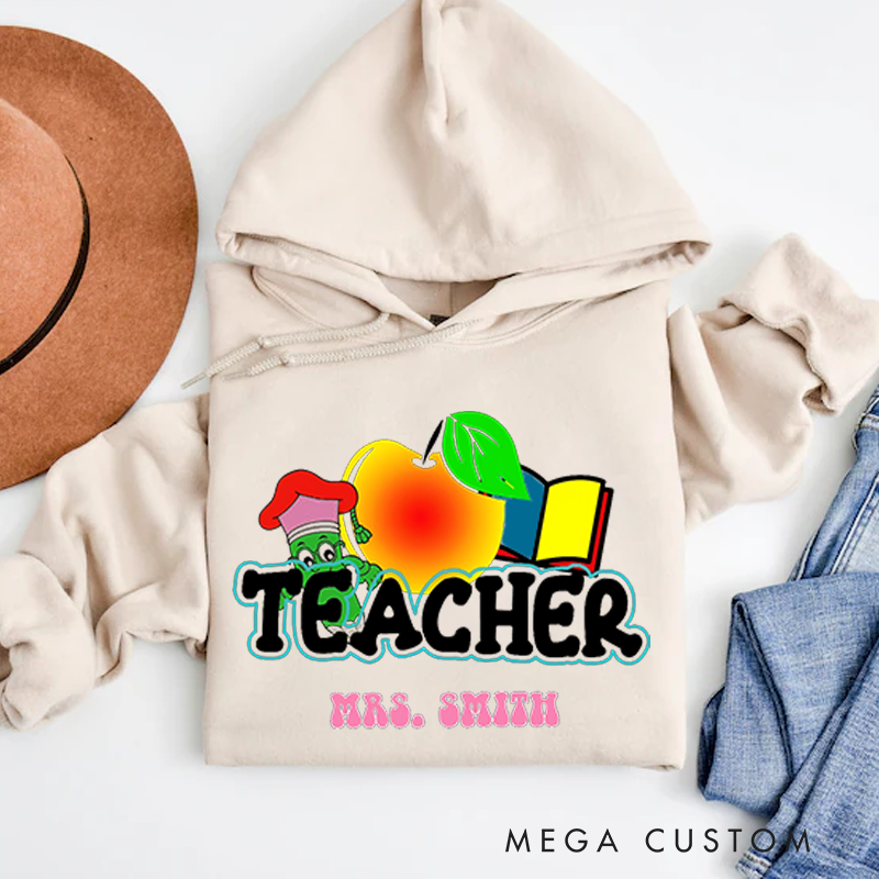 Personalized Teacher Hoodies Fun Apple and Book Design with Cute Worm Perfect Gift for Teachers