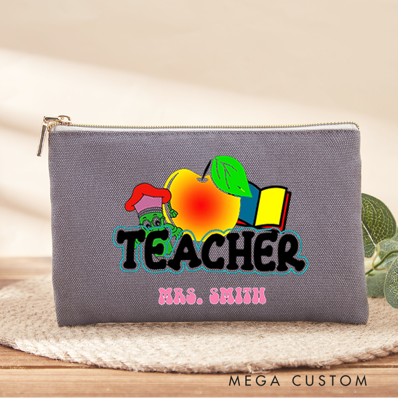 Personalized Teacher Makeup Bag Fun Apple and Book Design with Cute Worm Perfect Gift for Teachers