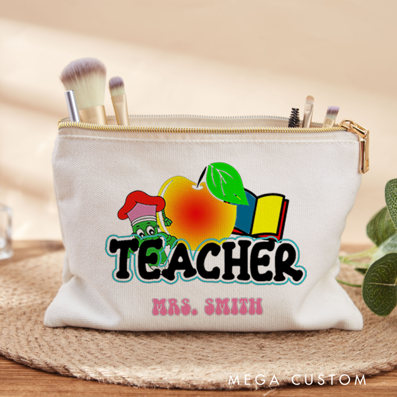 Personalized Teacher Makeup Bag Fun Apple and Book Design with Cute Worm Perfect Gift for Teachers