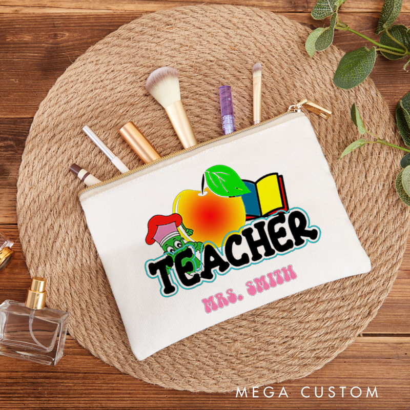 Personalized Teacher Makeup Bag Fun Apple and Book Design with Cute Worm Perfect Gift for Teachers