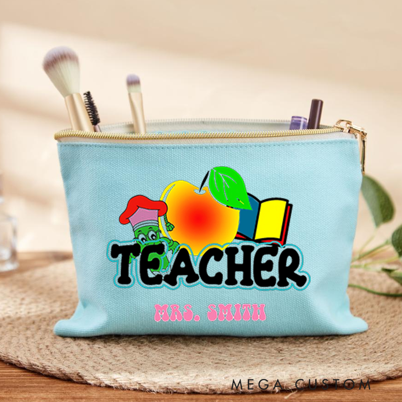 Personalized Teacher Makeup Bag Fun Apple and Book Design with Cute Worm Perfect Gift for Teachers