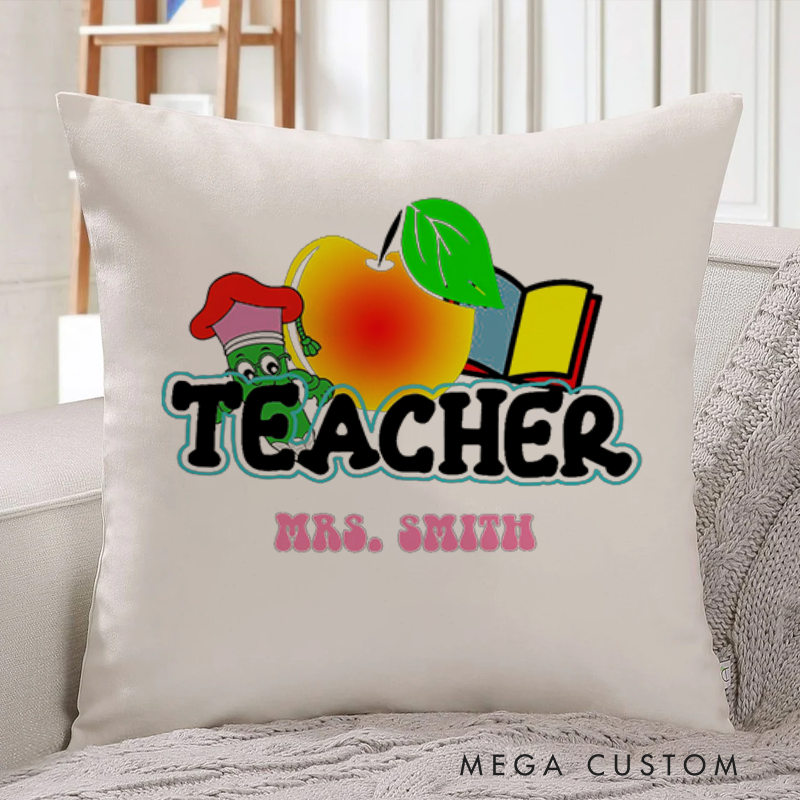 Personalized Teachers Throw Pillow Fun Apple and Book Design with Cute Worm Perfect Gift for Teachers