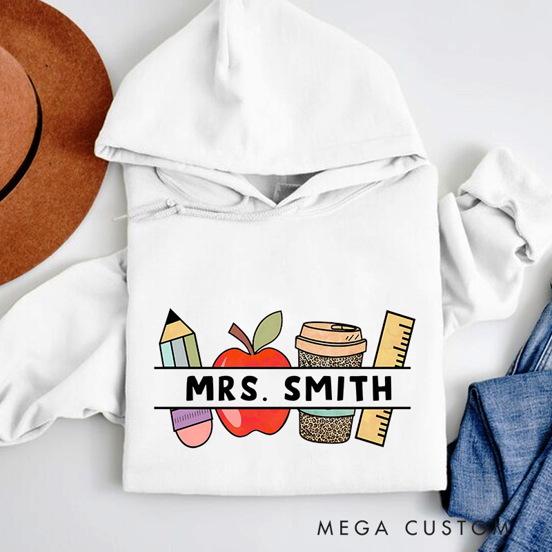 Personalized Teacher Hoodies Pencil Apple Coffee and Ruler Design Perfect Gift for Teachers