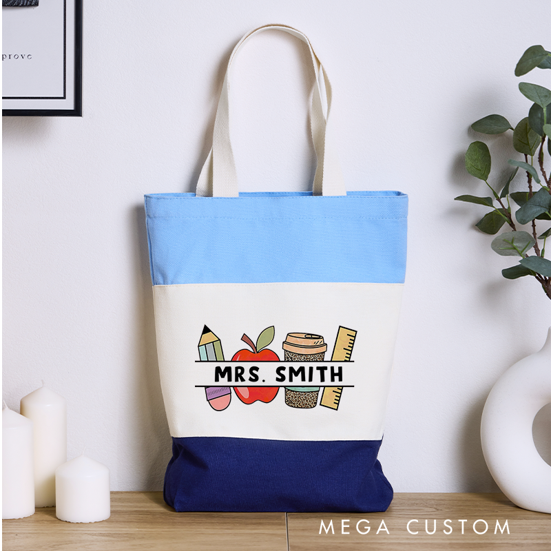 Personalized Teacher Tri Color Canvas Tote Bag Pencil Apple Coffee and Ruler Design Perfect Gift for Teachers
