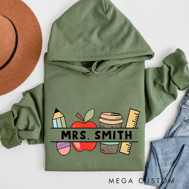 Personalized Teacher Hoodies Pencil Apple Coffee and Ruler Design Perfect Gift for Teachers