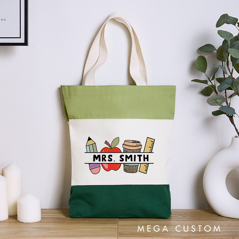 Personalized Teacher Tri Color Canvas Tote Bag Pencil Apple Coffee and Ruler Design Perfect Gift for Teachers