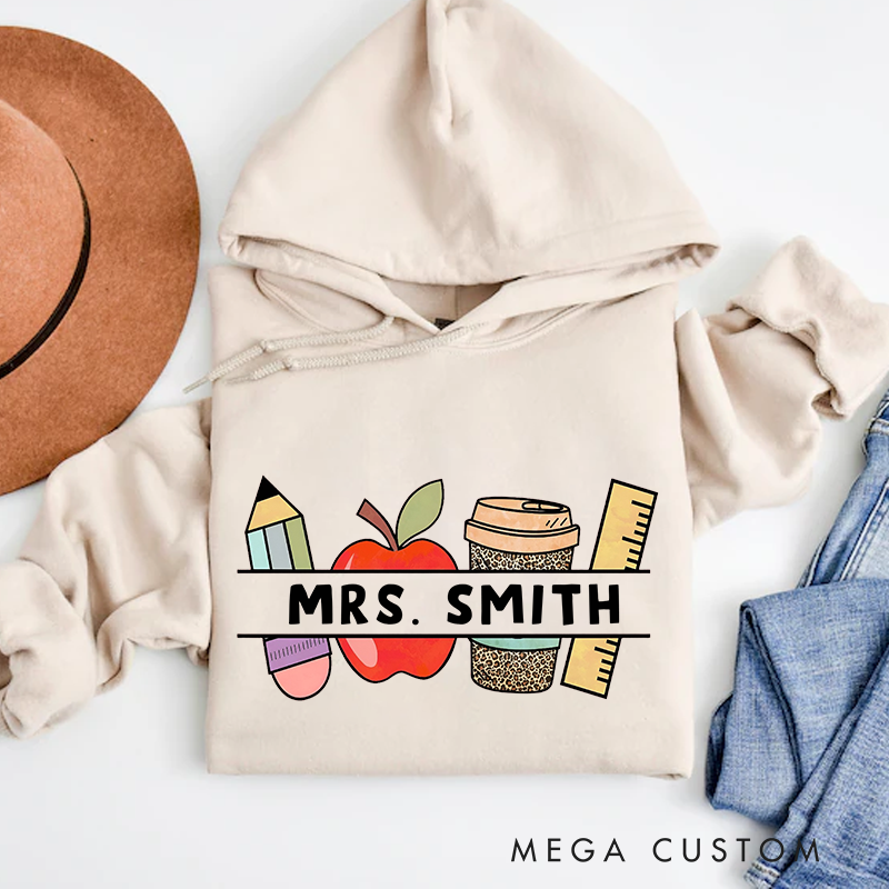Personalized Teacher Hoodies Pencil Apple Coffee and Ruler Design Perfect Gift for Teachers