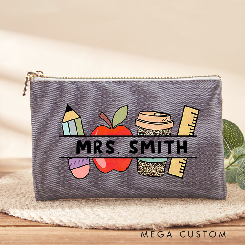 Personalized Teacher Makeup Bag Pencil Apple Coffee and Ruler Design Perfect Gift for Teachers