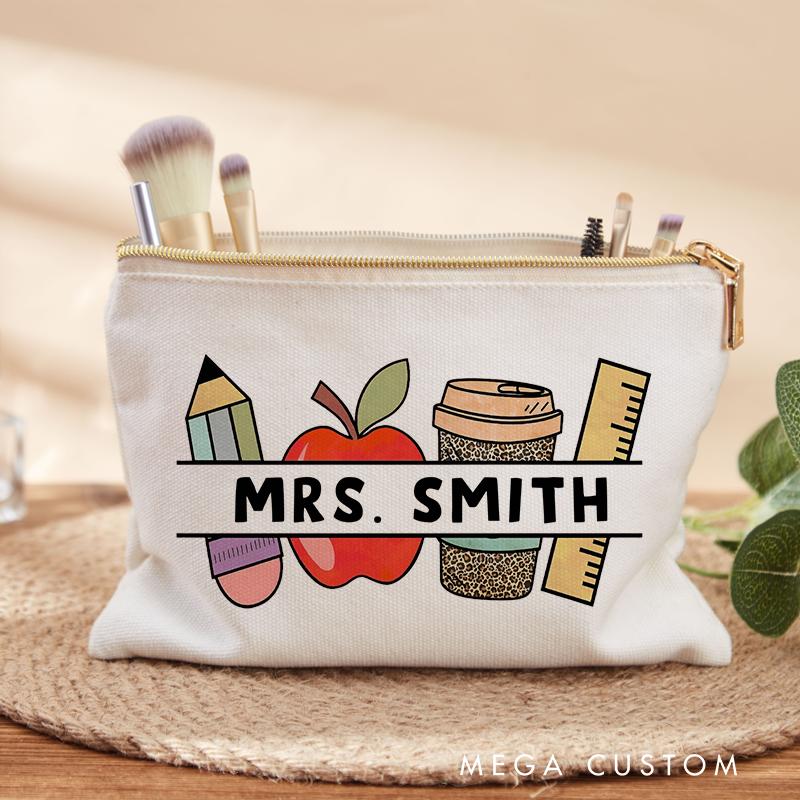 Personalized Teacher Makeup Bag Pencil Apple Coffee and Ruler Design Perfect Gift for Teachers