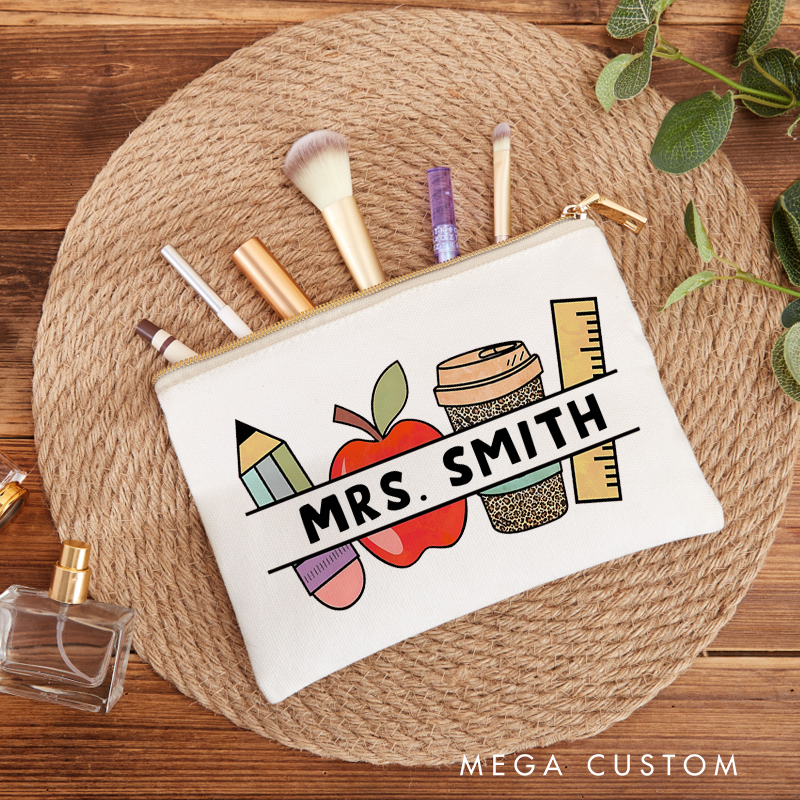 Personalized Teacher Makeup Bag Pencil Apple Coffee and Ruler Design Perfect Gift for Teachers