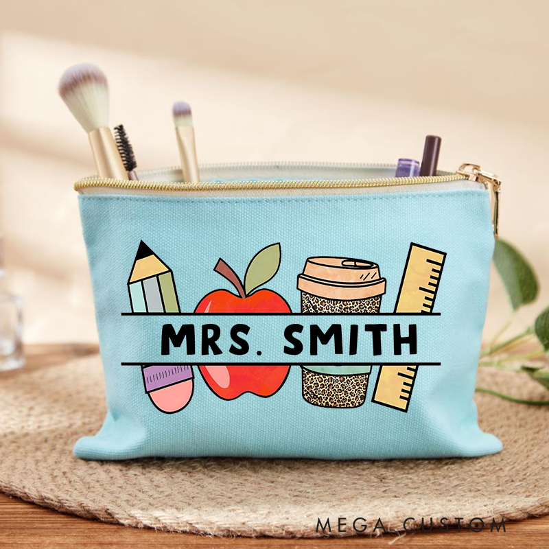 Personalized Teacher Makeup Bag Pencil Apple Coffee and Ruler Design Perfect Gift for Teachers