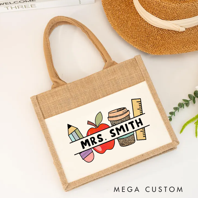 Personalized Teacher Burlap Tote Bag Pencil Apple Coffee and Ruler Design Perfect Gift for Teachers