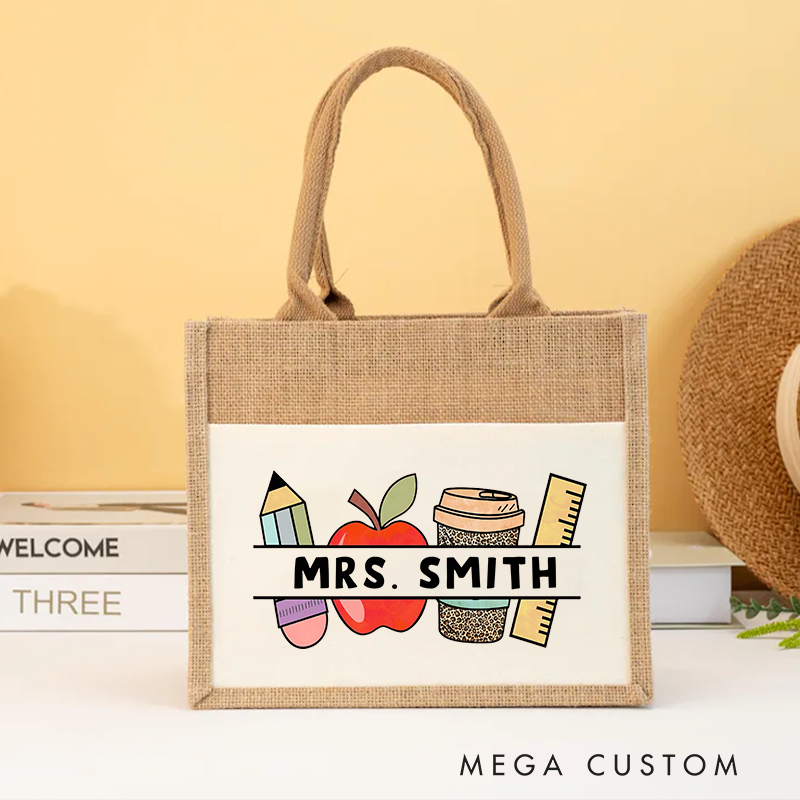 Personalized Teacher Burlap Tote Bag Pencil Apple Coffee and Ruler Design Perfect Gift for Teachers