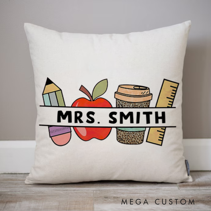 Personalized Teachers Throw Pillow Pencil Apple Coffee and Ruler Design Perfect Gift for Teachers
