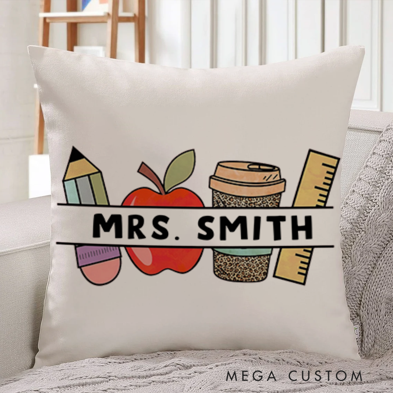 Personalized Teachers Throw Pillow Pencil Apple Coffee and Ruler Design Perfect Gift for Teachers