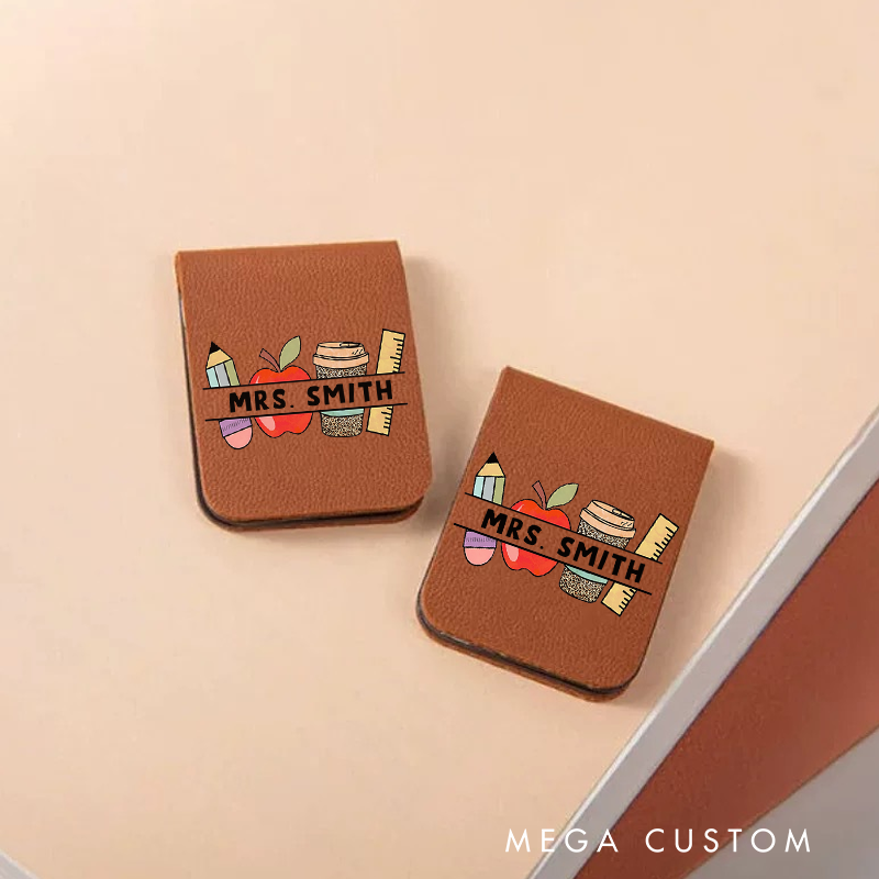 Personalized Teacher Leather Magnetic Bookmark Pencil Apple Coffee and Ruler Design Perfect Gift for Teachers