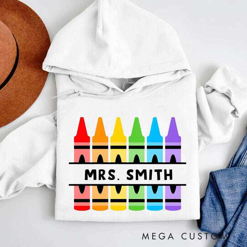 Personalized Teacher Hoodies Colorful Crayon Design Fun Vibrant Gift for Teachers
