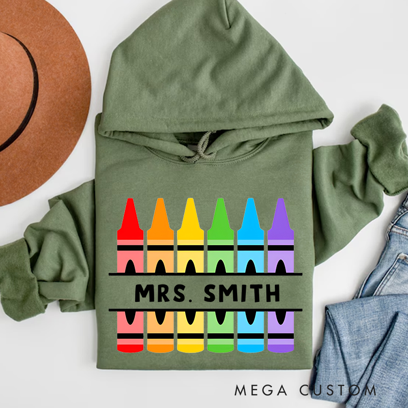 Personalized Teacher Hoodies Colorful Crayon Design Fun Vibrant Gift for Teachers