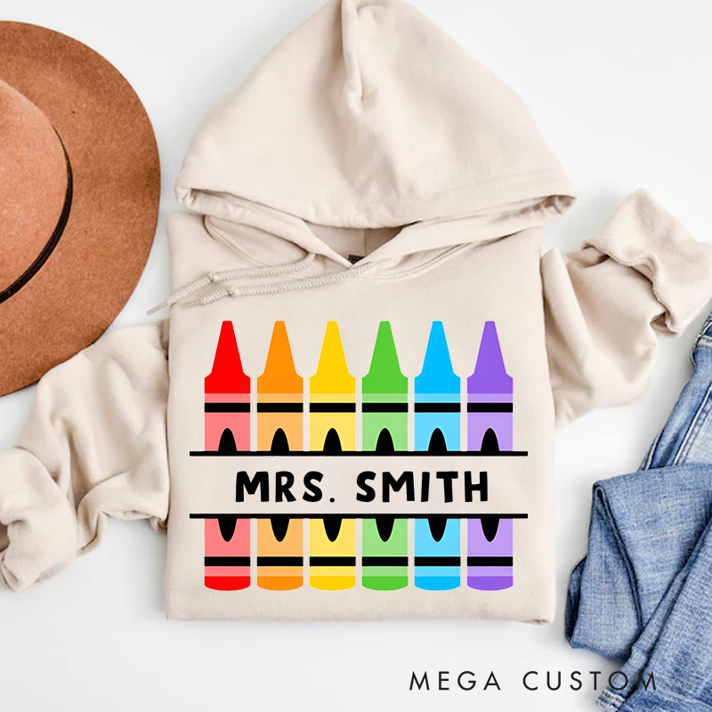 Personalized Teacher Hoodies Colorful Crayon Design Fun Vibrant Gift for Teachers