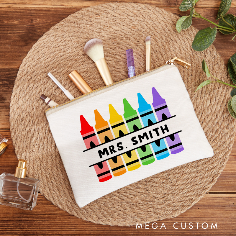 Personalized Teacher Makeup Bag Colorful Crayon Design Fun Vibrant Gift for Teachers