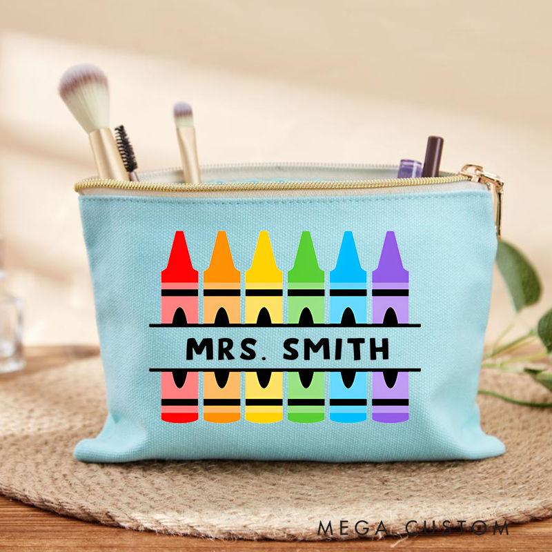 Personalized Teacher Makeup Bag Colorful Crayon Design Fun Vibrant Gift for Teachers