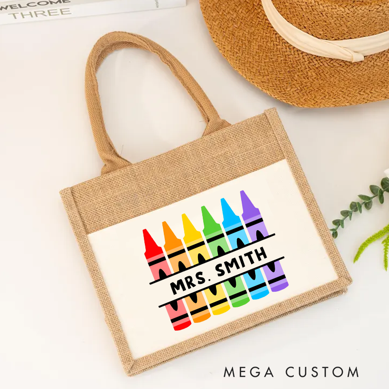 Personalized Teacher Burlap Tote Bag Colorful Crayon Design Fun Vibrant Gift for Teachers