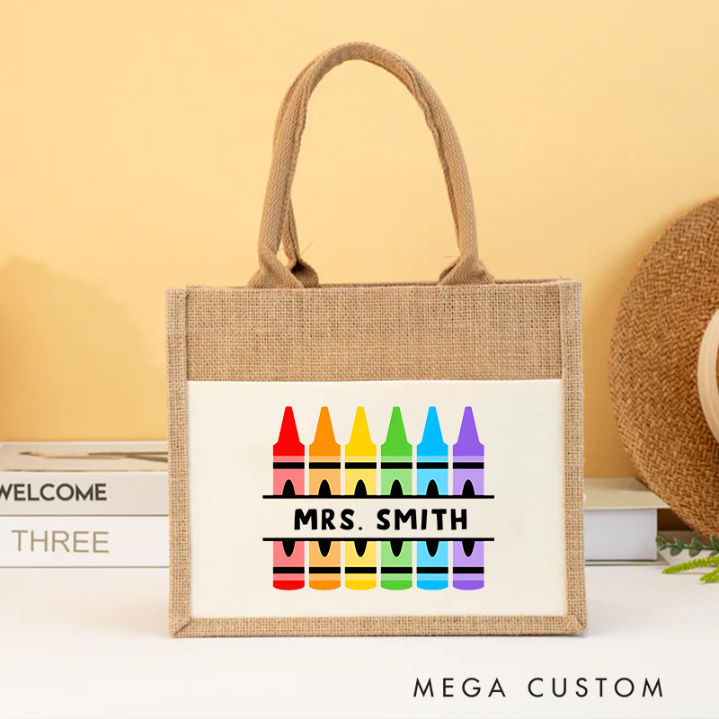 Personalized Teacher Burlap Tote Bag Colorful Crayon Design Fun Vibrant Gift for Teachers