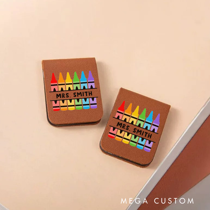 Personalized Teacher Leather Magnetic Bookmark Colorful Crayon Design Fun Vibrant Gift for Teachers