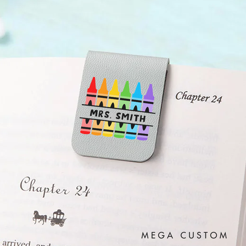 Personalized Teacher Leather Magnetic Bookmark Colorful Crayon Design Fun Vibrant Gift for Teachers