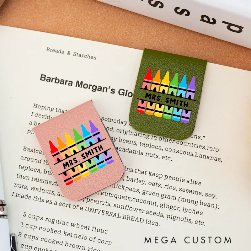 Personalized Teacher Leather Magnetic Bookmark Colorful Crayon Design Fun Vibrant Gift for Teachers