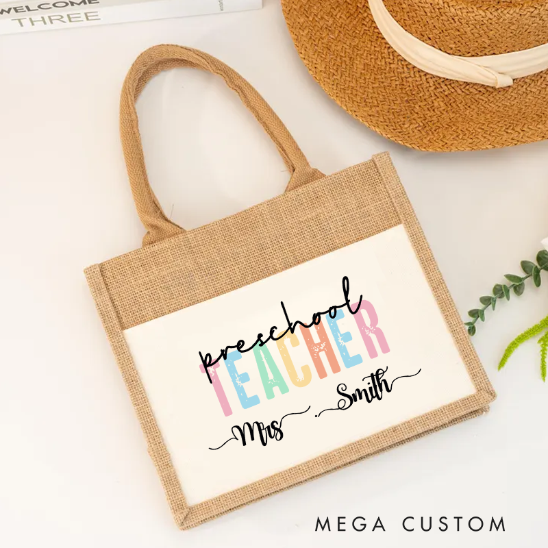 Personalized Teacher Burlap Tote Bag Preschool Teacher Pastel Color Design Perfect Gift for Teachers