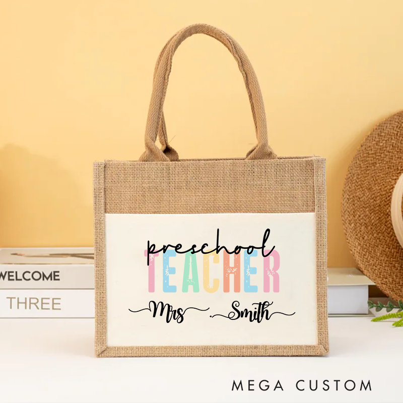 Personalized Teacher Burlap Tote Bag Preschool Teacher Pastel Color Design Perfect Gift for Teachers