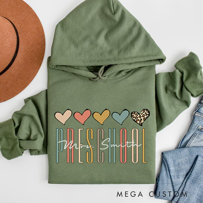 Personalized Teacher Hoodies Preschool Heart and Leopard Pattern Design Stylish Gift for Teachers
