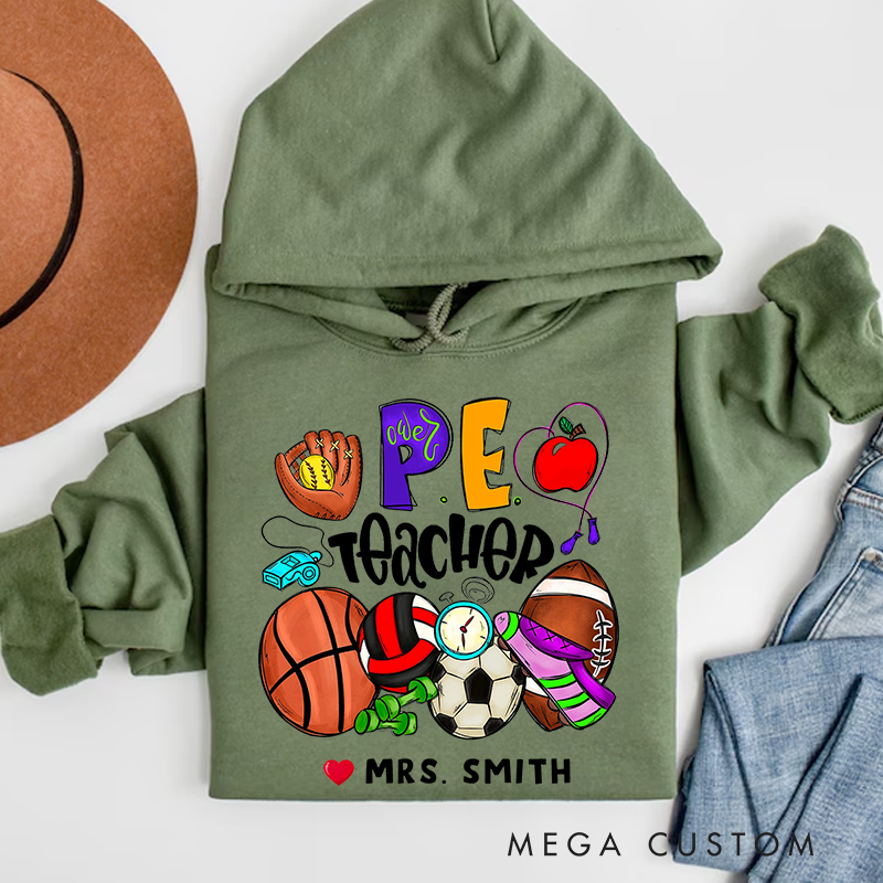 Personalized Teacher Hoodies PE Teacher Sports Equipment Design Fun and Energetic Gift for Physical Education Teachers