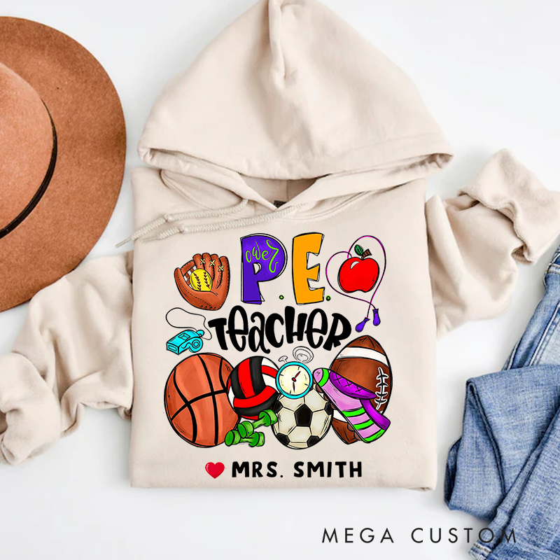 Personalized Teacher Hoodies PE Teacher Sports Equipment Design Fun and Energetic Gift for Physical Education Teachers