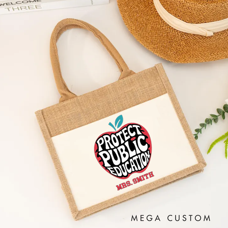 Personalized Teacher Burlap Tote Bag Bold Apple Design Support Public Education Perfect Advocacy Gift for Teachers