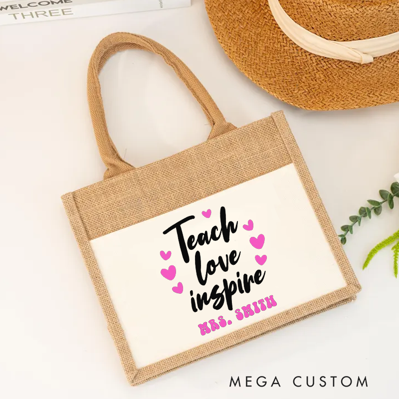 Personalized Teacher Burlap Tote Bag Teach Love Inspire Heart Perfect Appreciation Gift for Teachers