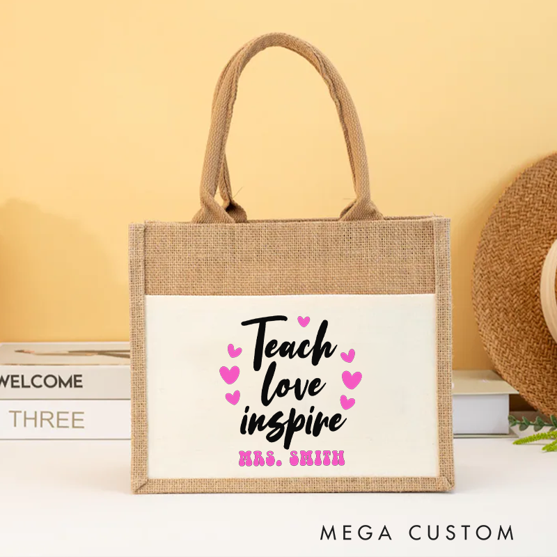 Personalized Teacher Burlap Tote Bag Teach Love Inspire Heart Perfect Appreciation Gift for Teachers