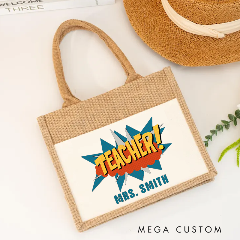 Personalized Teacher Burlap Tote Bag Retro Comic Book Pop Art Style Vibrant and Energetic Design Gift for Teachers