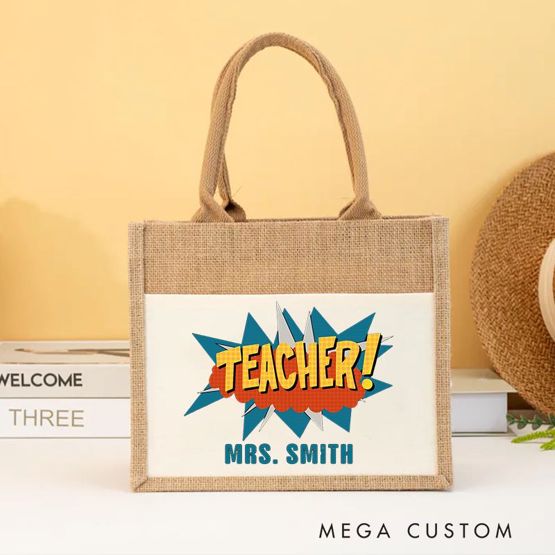 Personalized Teacher Burlap Tote Bag Retro Comic Book Pop Art Style Vibrant and Energetic Design Gift for Teachers