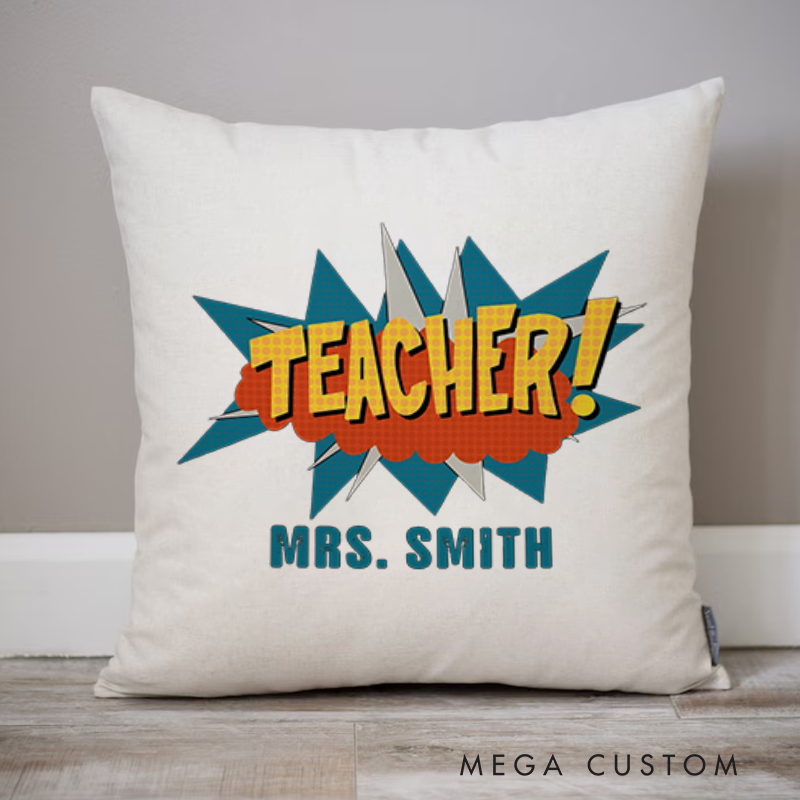 Personalized Teachers Throw Pillow Retro Comic Book Pop Art Style Vibrant and Energetic Design Gift for Teachers