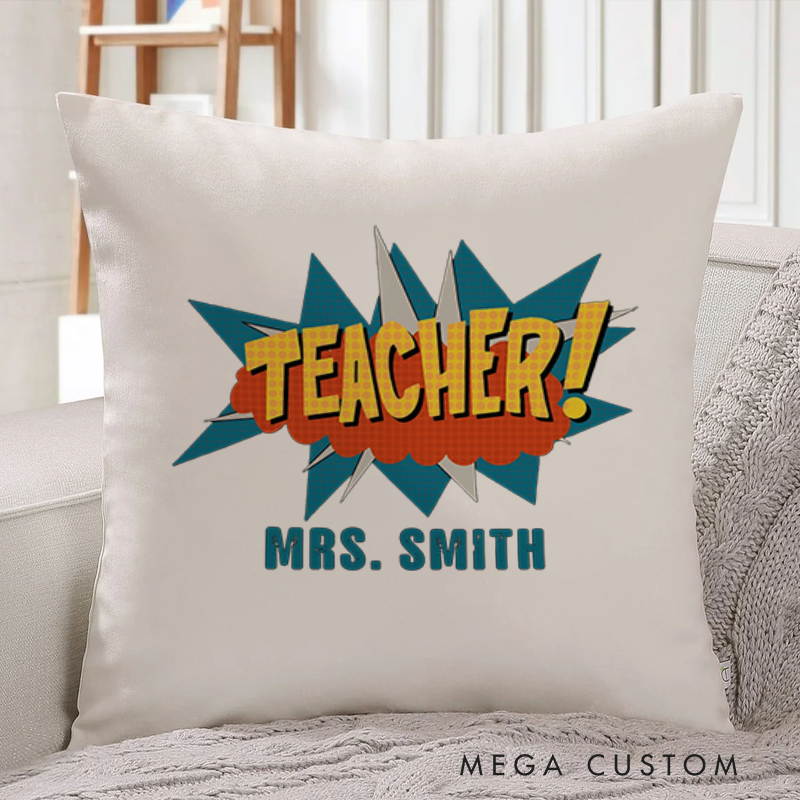 Personalized Teachers Throw Pillow Retro Comic Book Pop Art Style Vibrant and Energetic Design Gift for Teachers