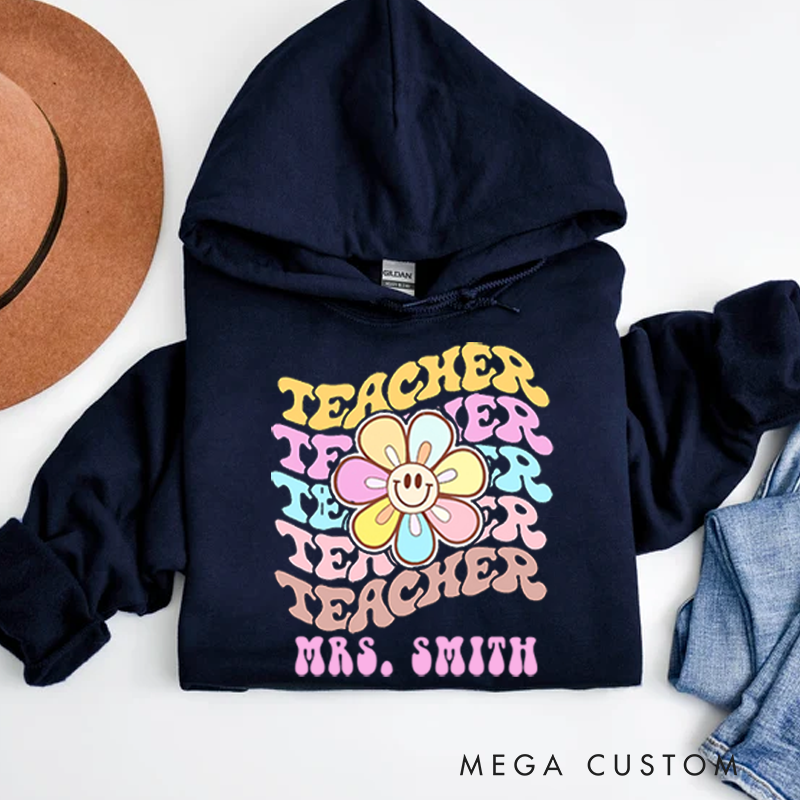 Personalized Teachers Hoodies Groovy Pastel Flower Power Design Retro Aesthetic Perfect Gift for Teachers