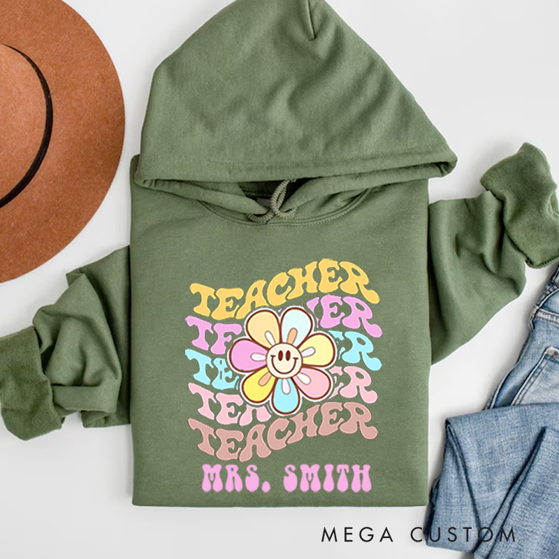 Personalized Teachers Hoodies Groovy Pastel Flower Power Design Retro Aesthetic Perfect Gift for Teachers