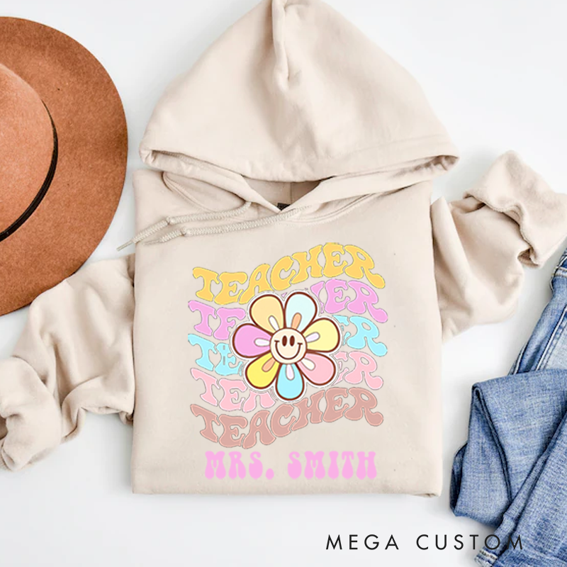 Personalized Teachers Hoodies Groovy Pastel Flower Power Design Retro Aesthetic Perfect Gift for Teachers